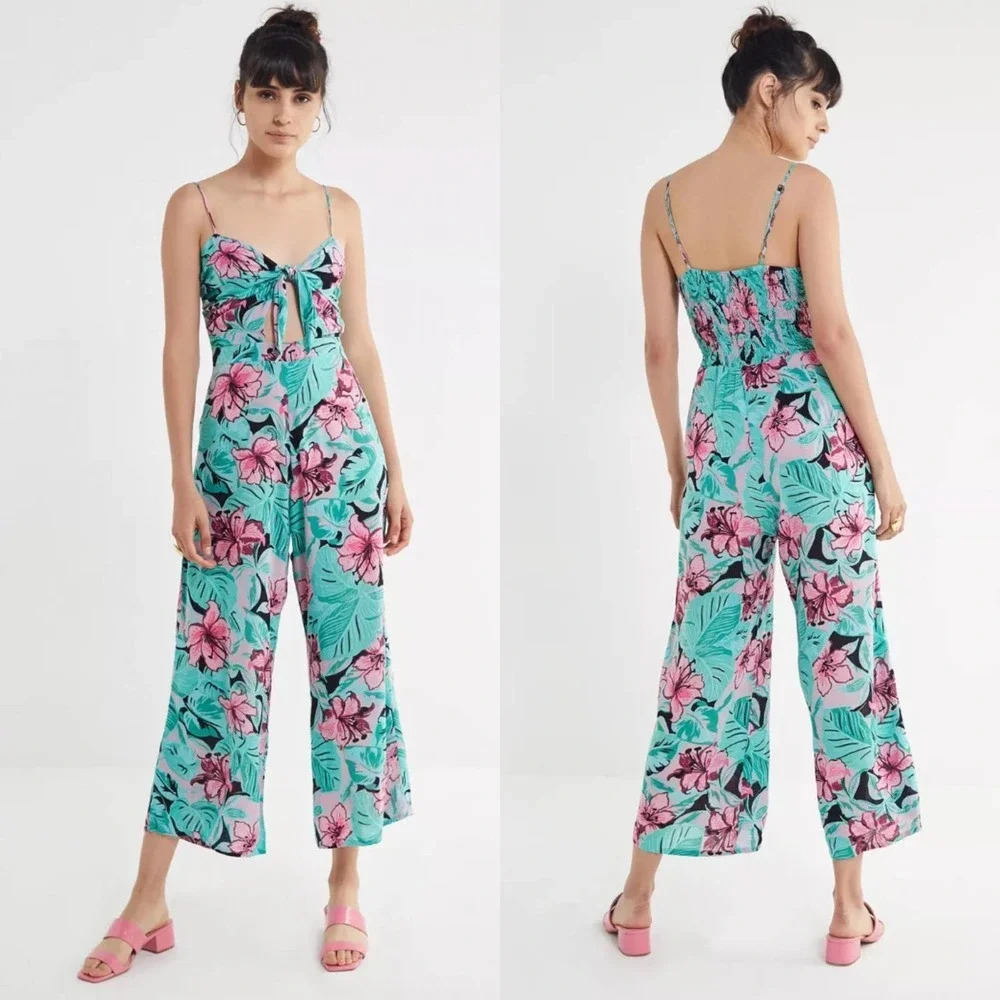 Cleobella Angelina Hawaii Tie-Front Jumpsuit Green Pink Floral Palm Size Small
